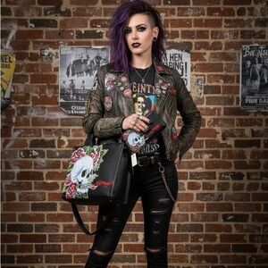 Ed Hardy Skull & Roses Satchel/crossbody + Wristlet Set Black Tattoo Style